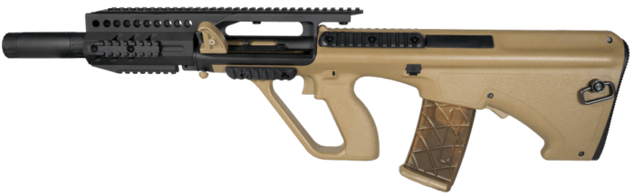 På denne riffel er kroppen konstrueret i ABS plastik, og løb/rail er lavet i metal