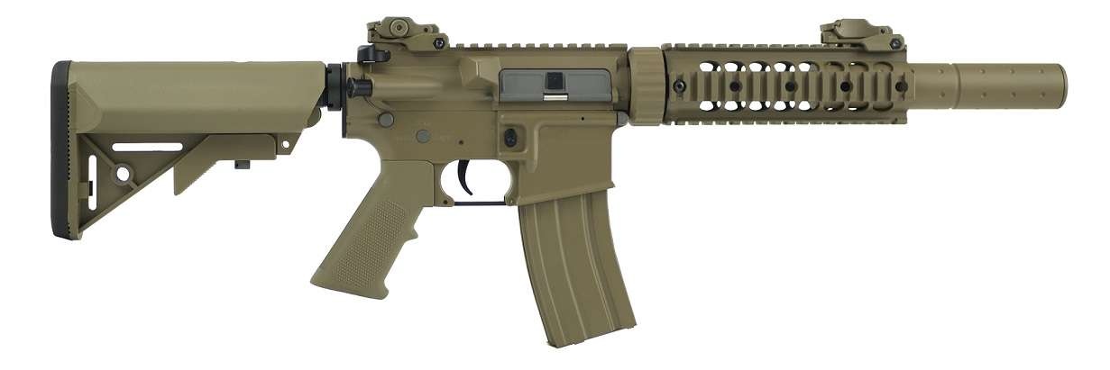 Dette airsoft gevær med lyddæmper på monteret