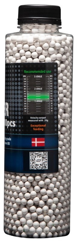 Siden med Joules skema på Q Blaster flasken med 0,25g hardball kugler hvor der er 3300 stks i