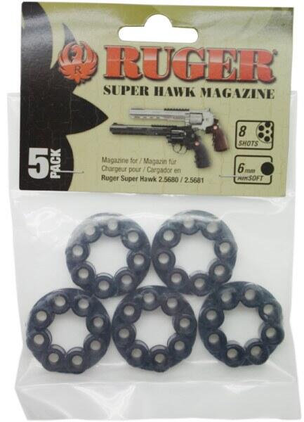 Denne pakke kommer inkluderet med 5 8 skuds magasiner til en ruger superhawk pistol