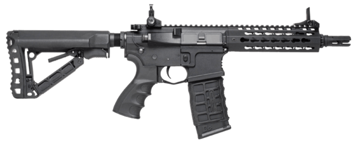 Riflen er konstrueret i stærk polymer, hvilket holder vægten nede