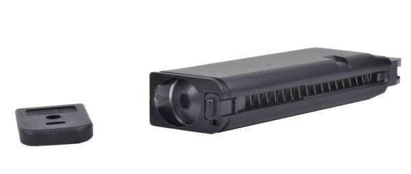 CO2 magasinet virker ved at man skruer en CO2 patron ind i bunden af magasinet