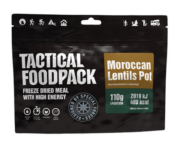 Tactical Foodpack Ingredienser:
Ris, linser, sweet potato, gulerod, peberfrugt, paprika, løg, spinat, rapsolie, hvidløg, salt, spidskommen, røget paprikapulver, karrypulver, gurkemeje, kanel og chiliflager