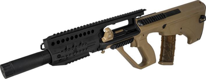 Selve riflen har et bullpup design, hvilket betyder at magasinet er lokaliseret bag ved aftrækkeren