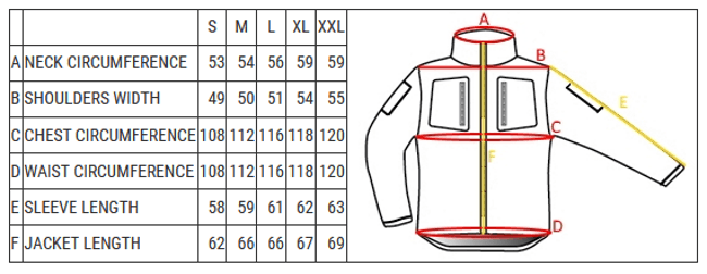 Her ser man en størrelsesguide for jakken