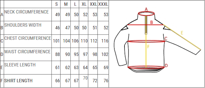Her er et diagram over størrelse på trøjen