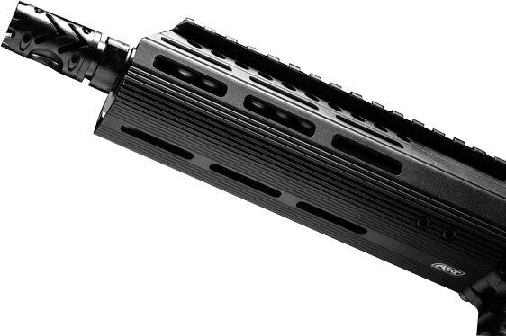 Her findes riflens lille M-lok rail system