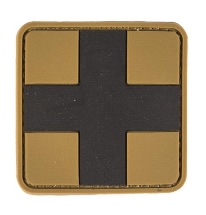 Tan airsoft PVC patch med medic logo på - perfekt til ens medic pouch